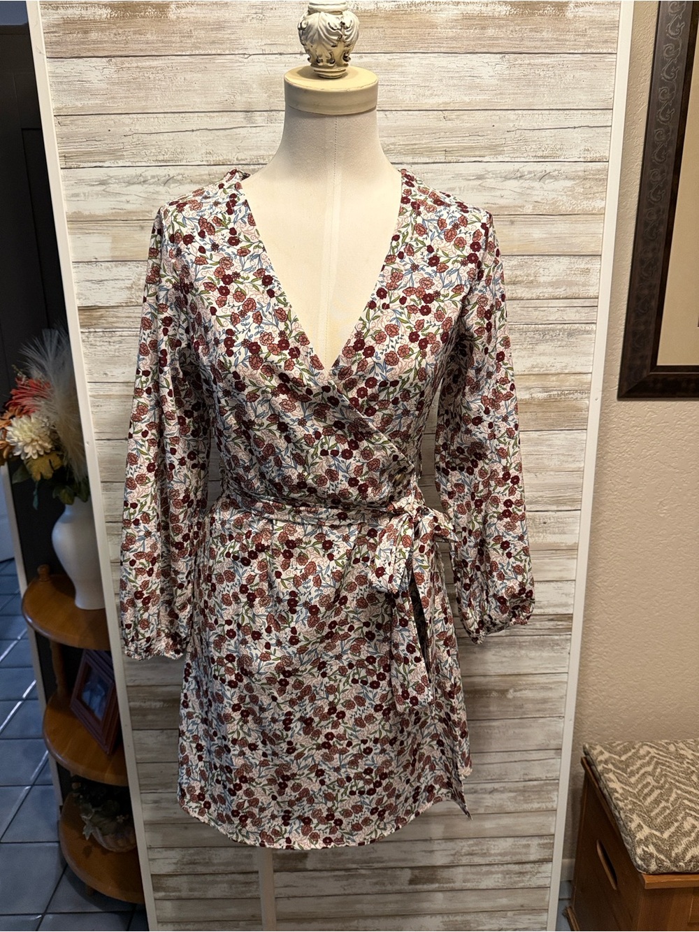 Volcom rust burnt orange floral Wrap Dress on Cream
